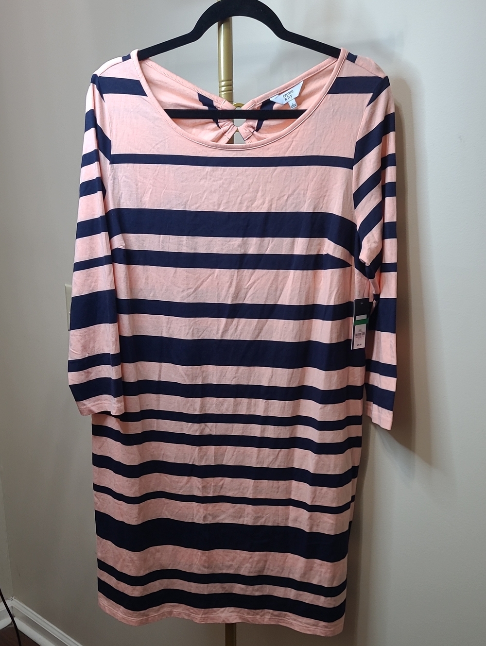 Crown & Ivy Navy Blue & Peach Striped Midi Dress with Back Cutout size Large
